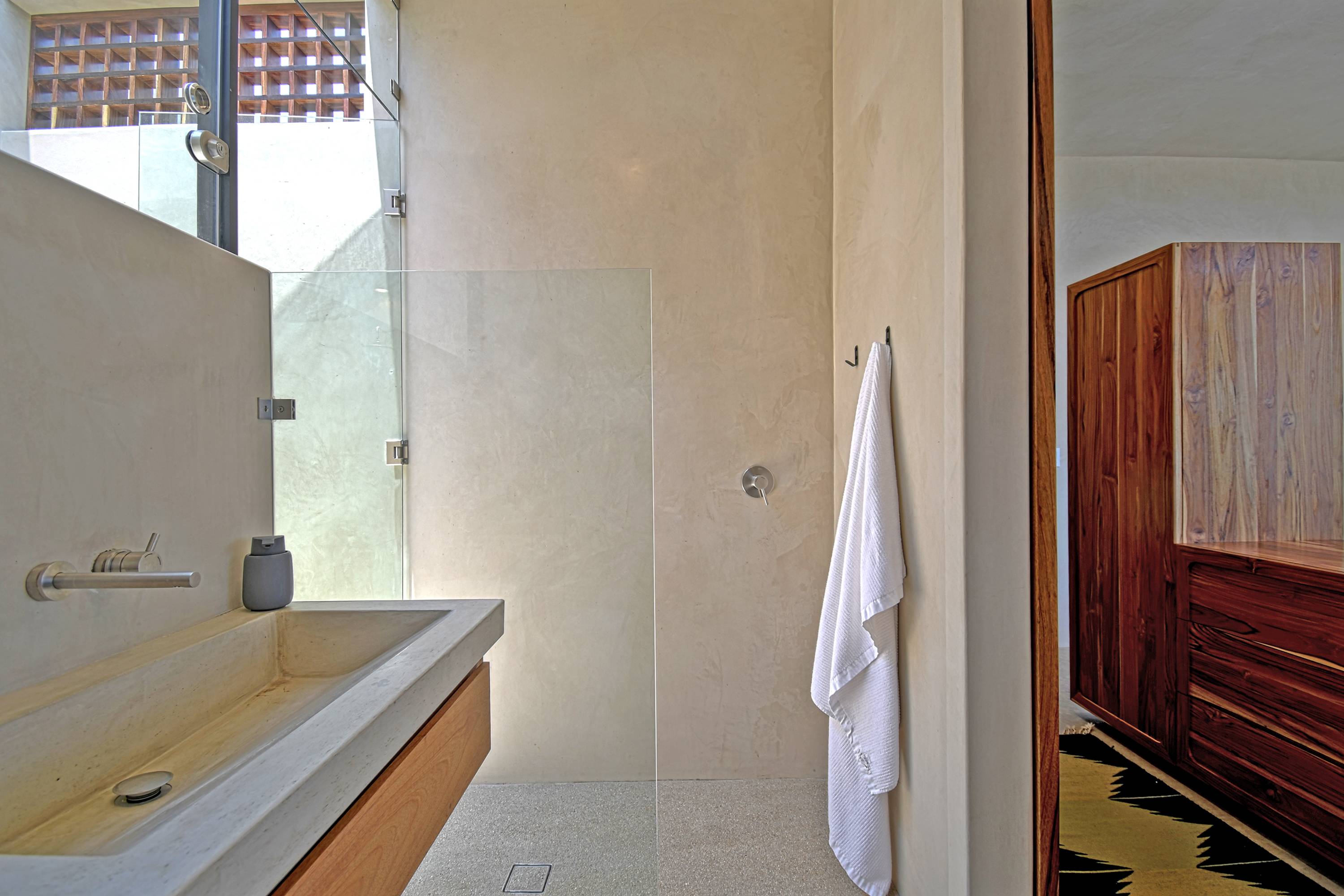 The master bathroom, concrete trough sink and a walk-in shower.